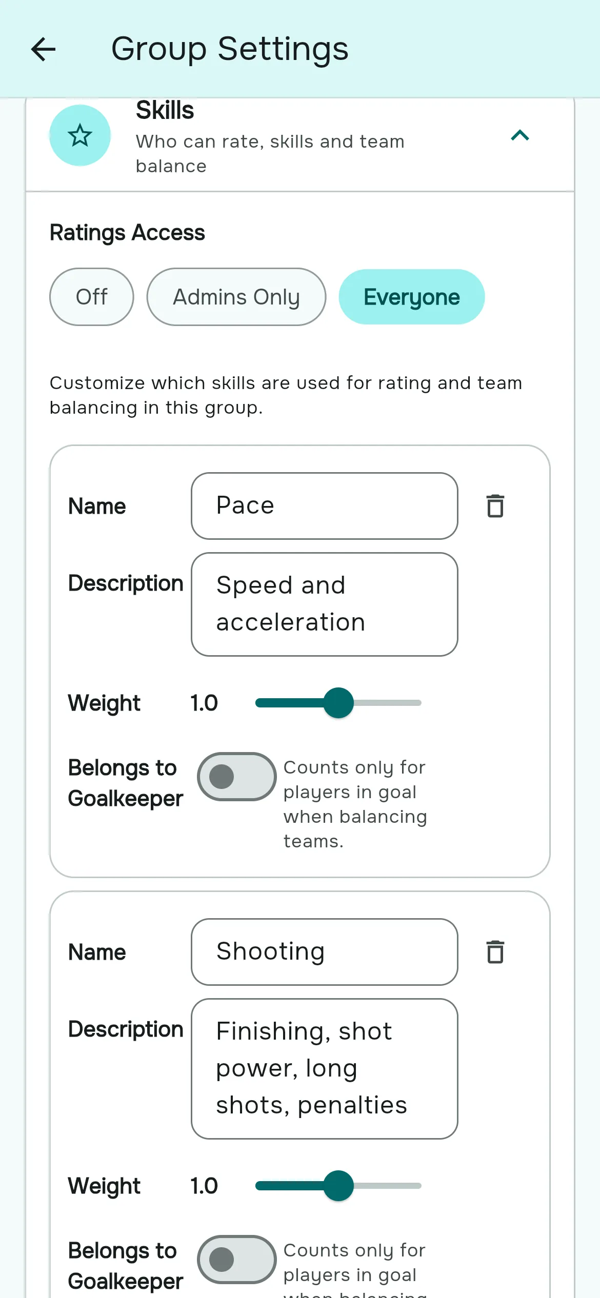 Group Settings, Skills section with skill cards, weights and the goalkeeper flag