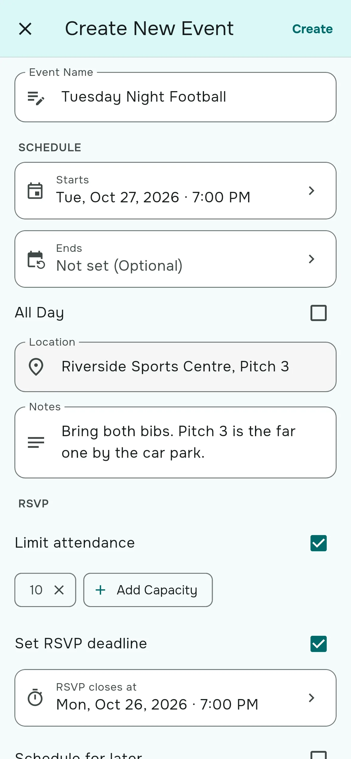 The Create New Event form with schedule, RSVP and teams sections