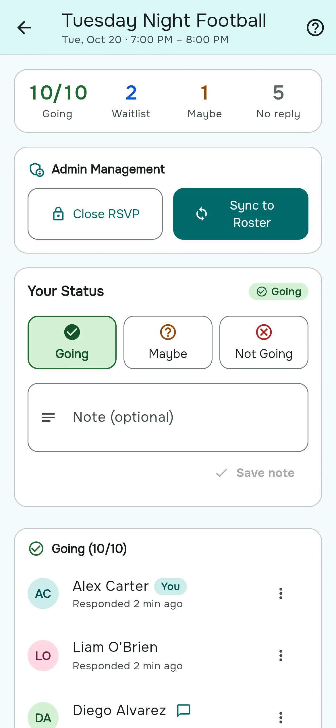 The RSVP page with the attendance list grouped by answer