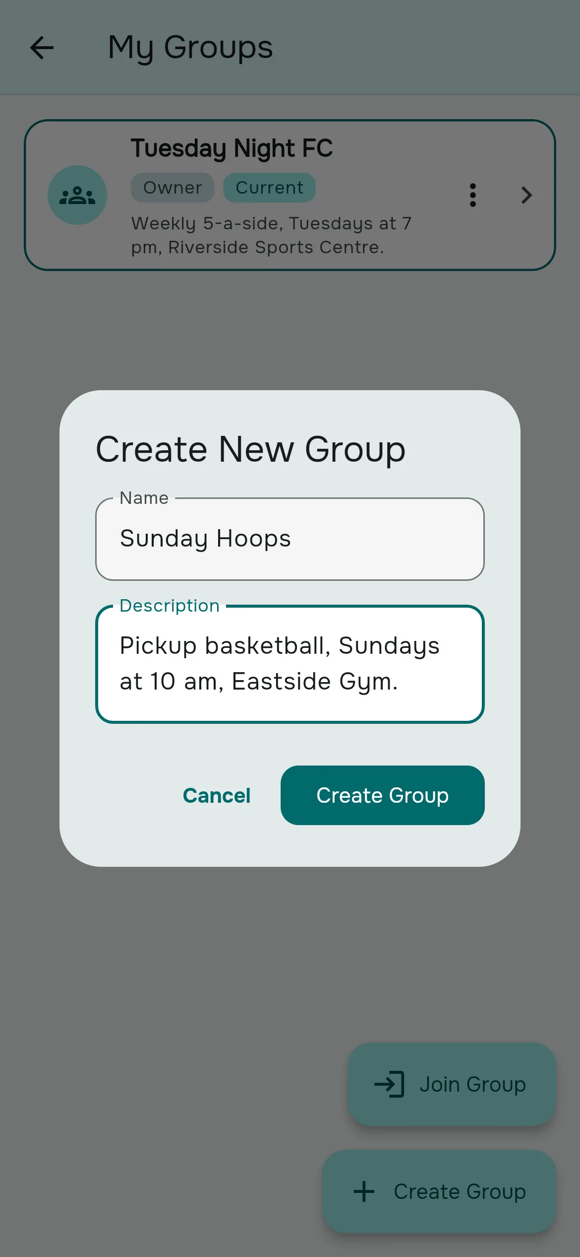 The Create New Group dialog with a group name and description