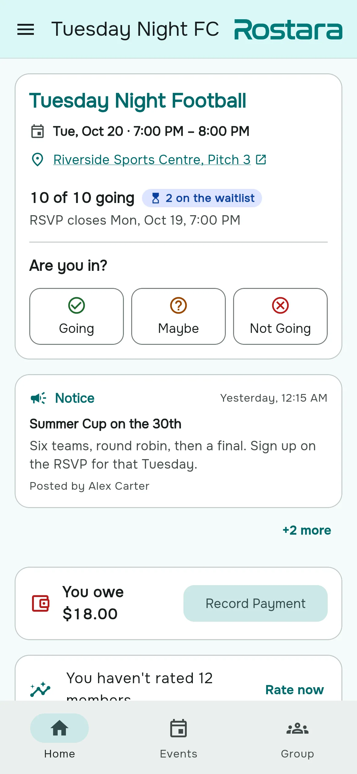 The Home tab with the next game, an unread notice and a rating prompt