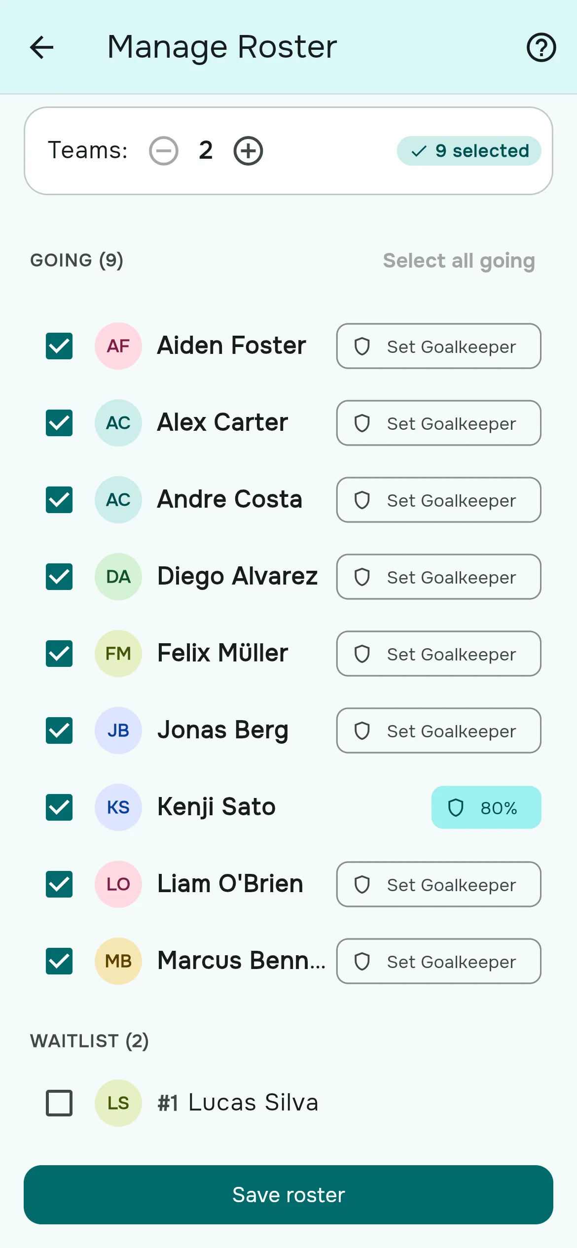 Manage Roster with one player marked 80% as fixed goalkeeper