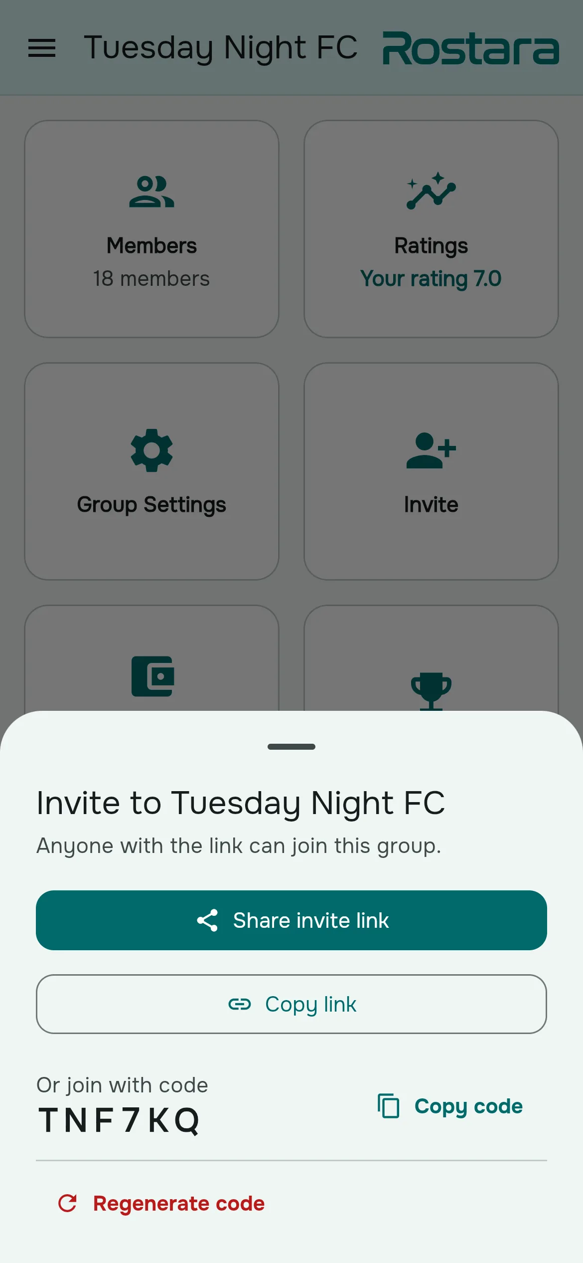 The Invite sheet with Share invite link, Copy link and the invite code