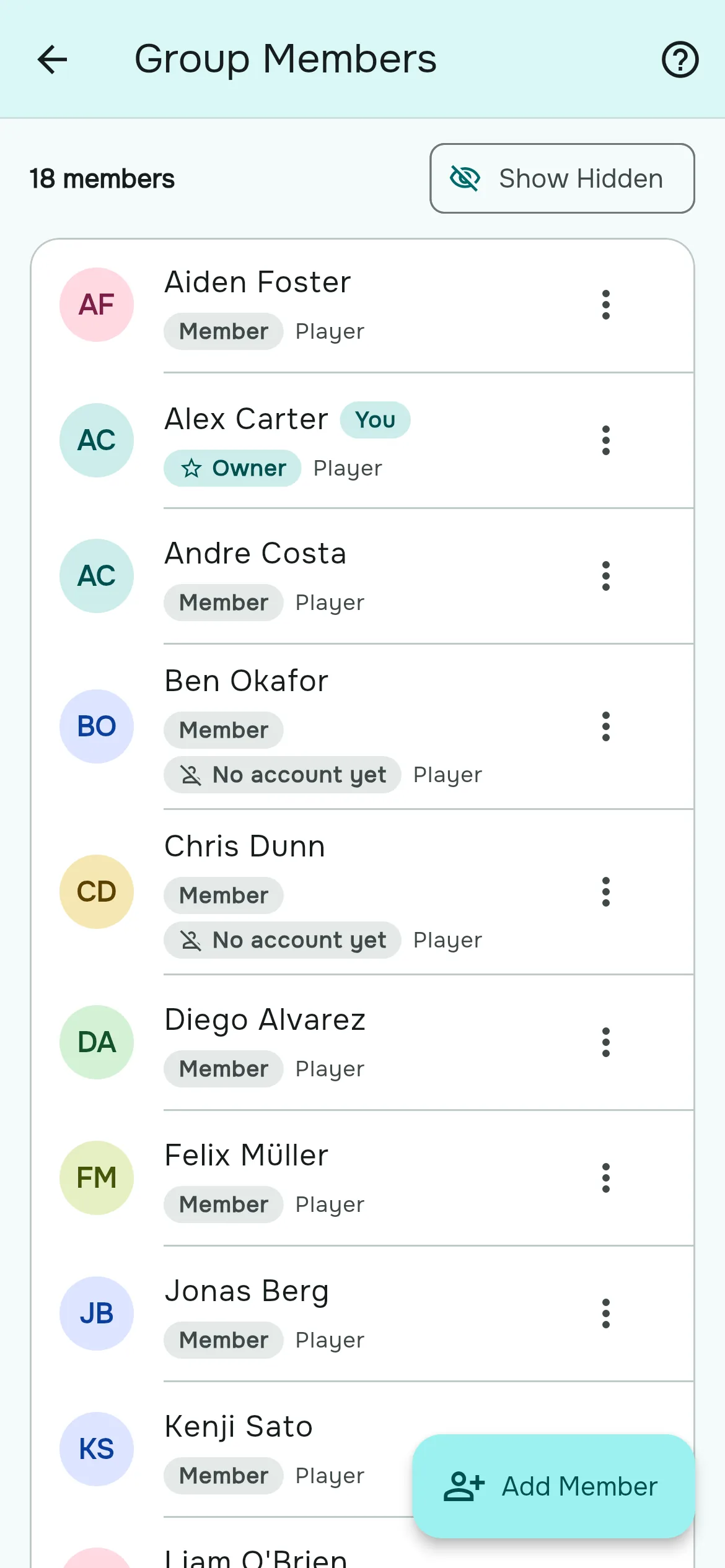 The Group Members list with roles, a No account yet tag and the options menu