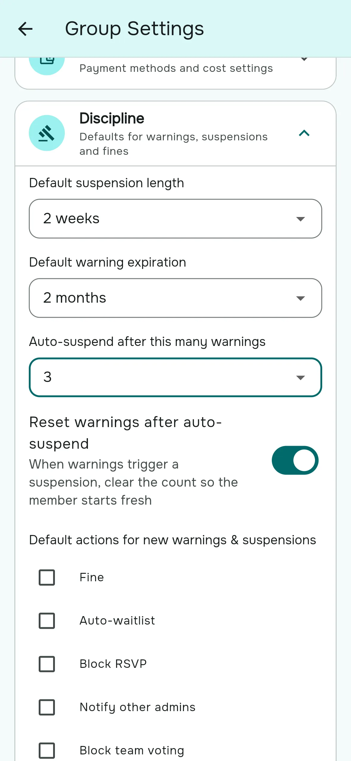 Group Settings, Discipline section with auto-suspend after 3 warnings