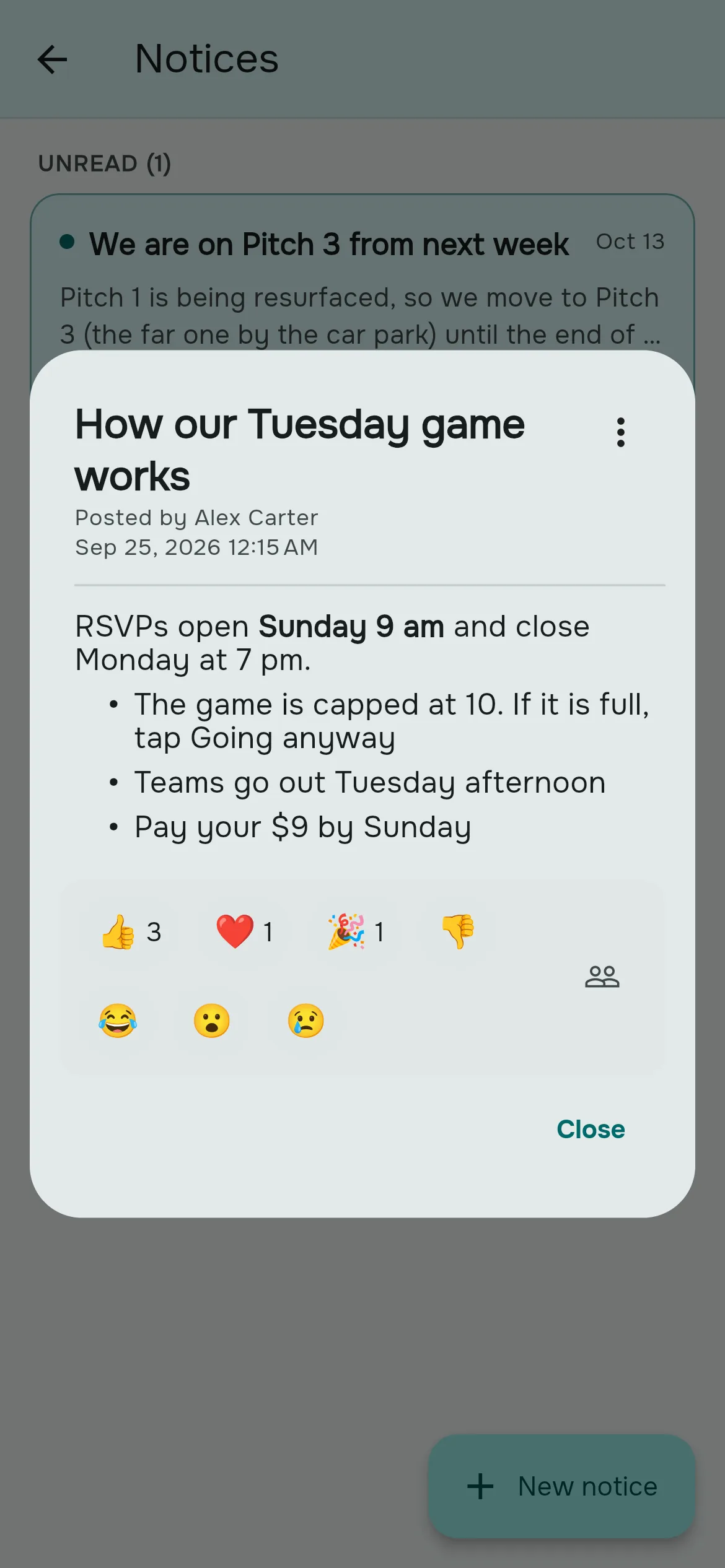 An open notice with its formatted message and emoji reactions