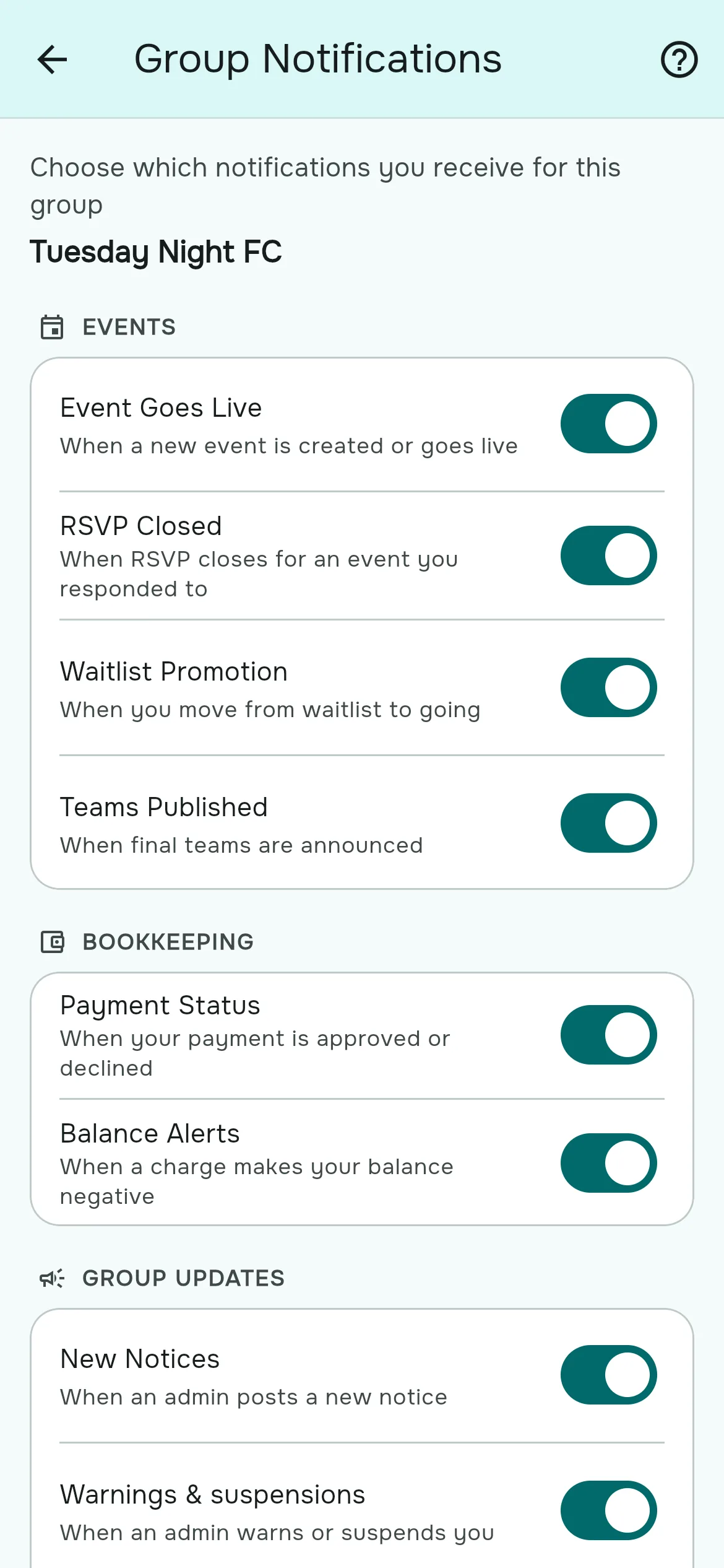 The Group Notifications page with switches grouped into Events, Bookkeeping and Group updates