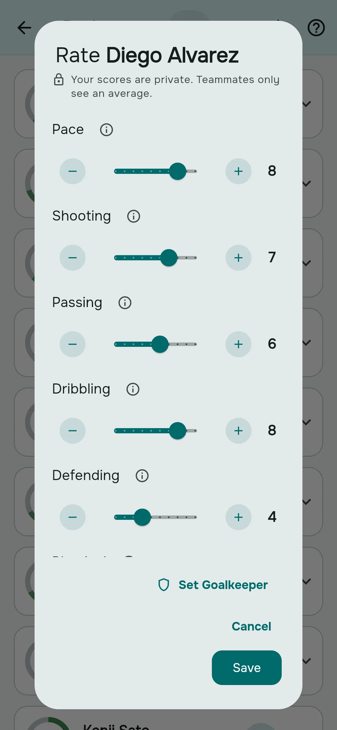 The rating dialog with a slider from 1 to 10 for each skill