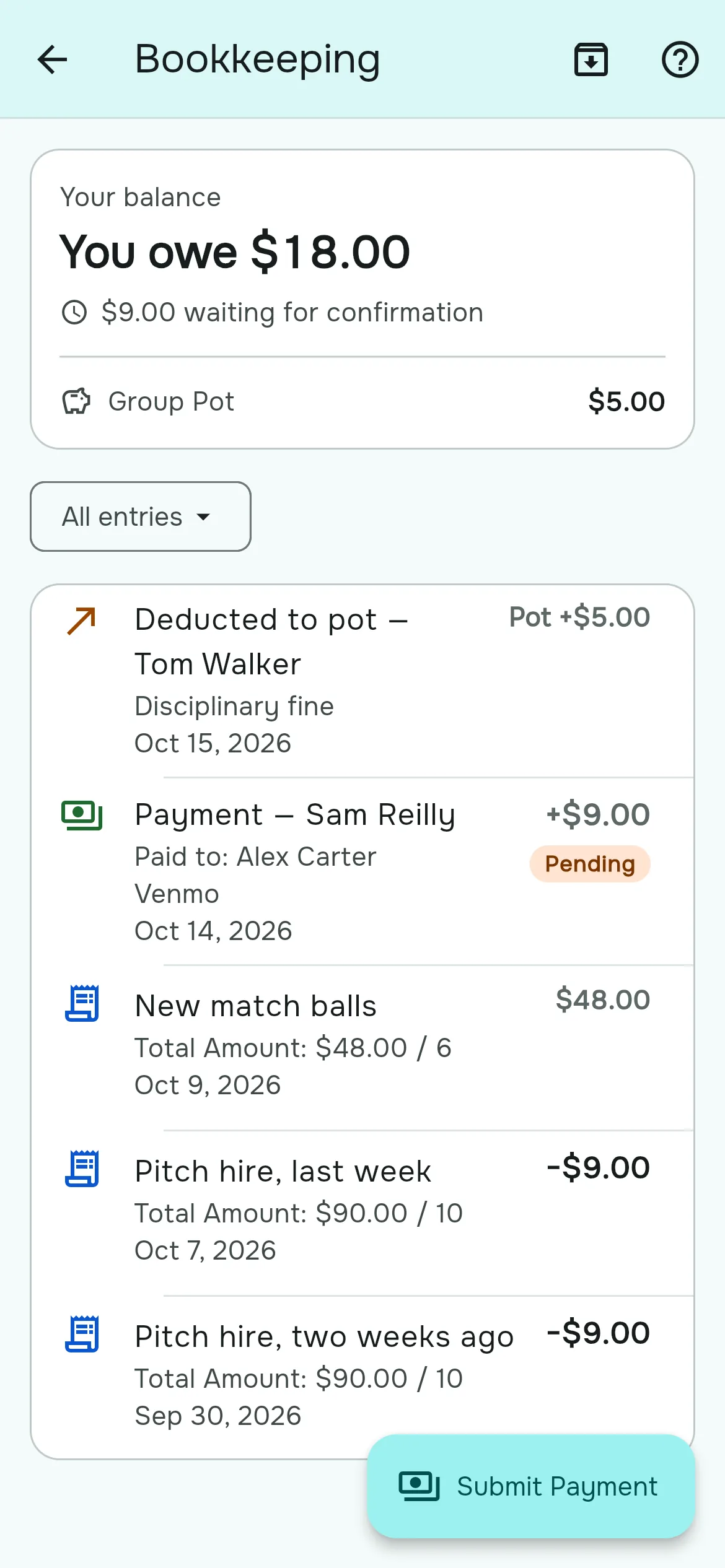 A member's Bookkeeping view with their balance, a pending payment and the group pot