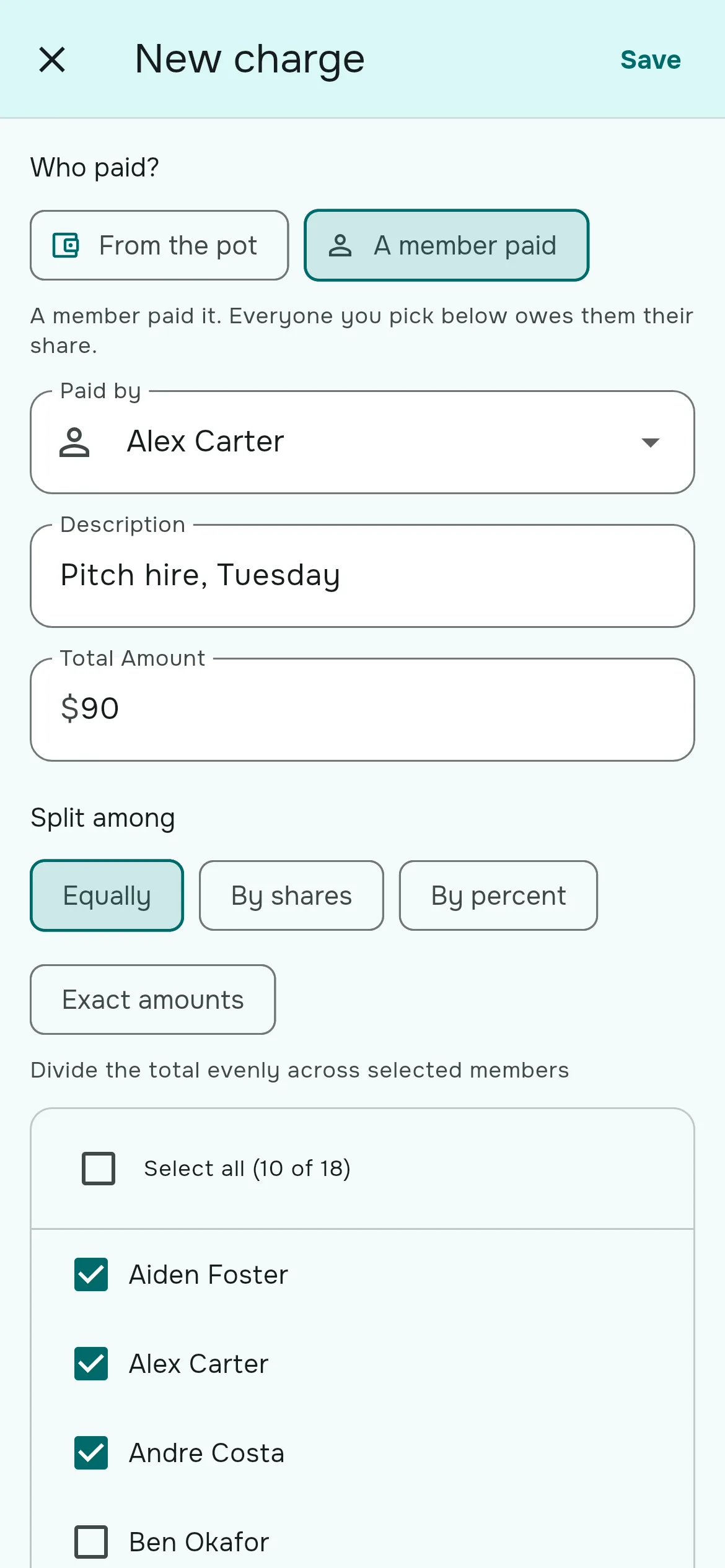 The New charge dialog with A member paid selected and the split among members