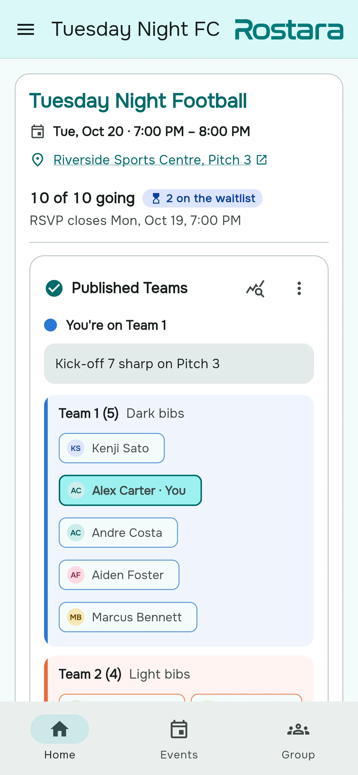 The published teams card showing two teams and the viewer's team highlighted
