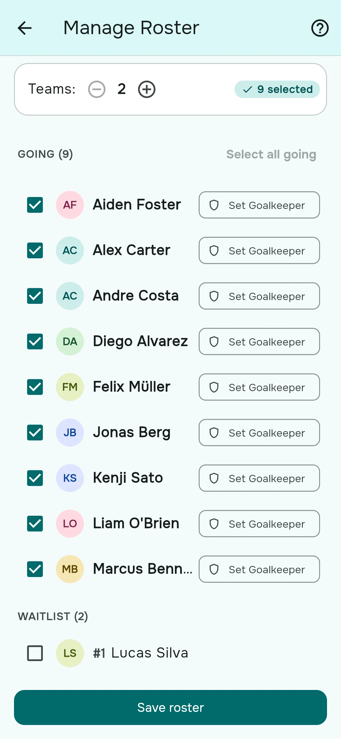 The Manage Roster screen with players grouped by their RSVP and a team count