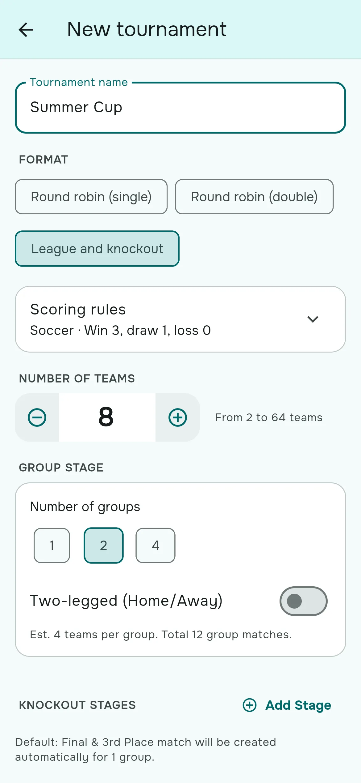 The New tournament form with League and knockout selected, 8 teams and 2 groups