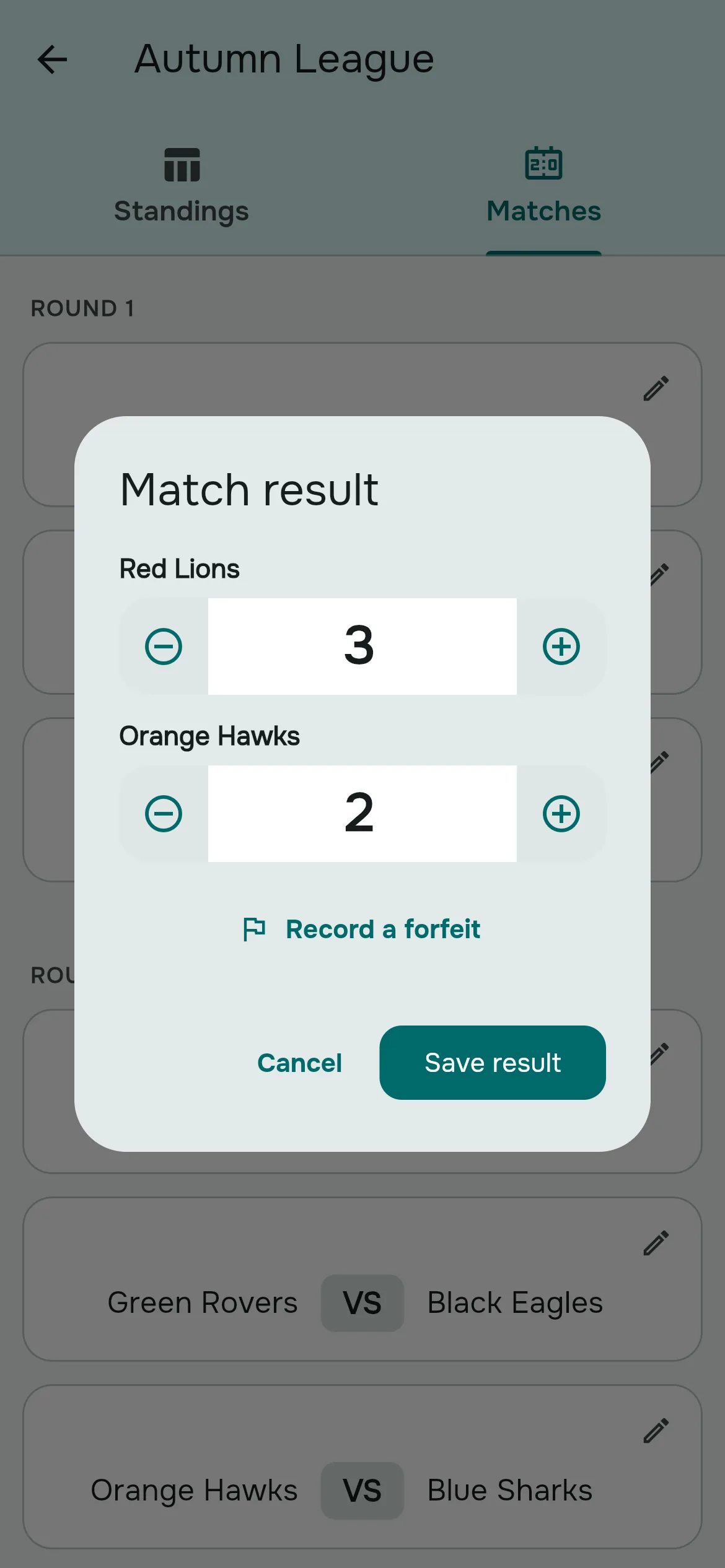The Match result dialog with two score fields