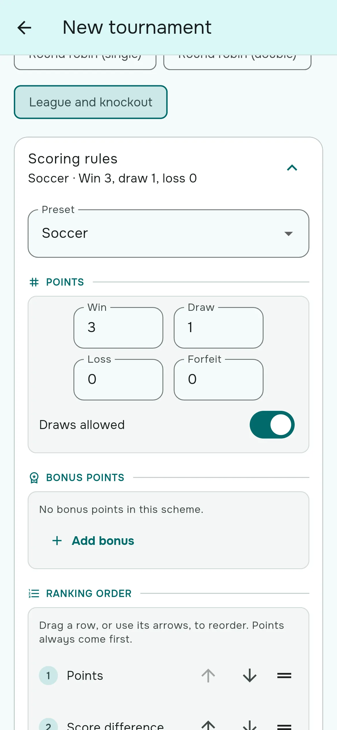 The Scoring rules card expanded, showing points, bonus points and ranking order