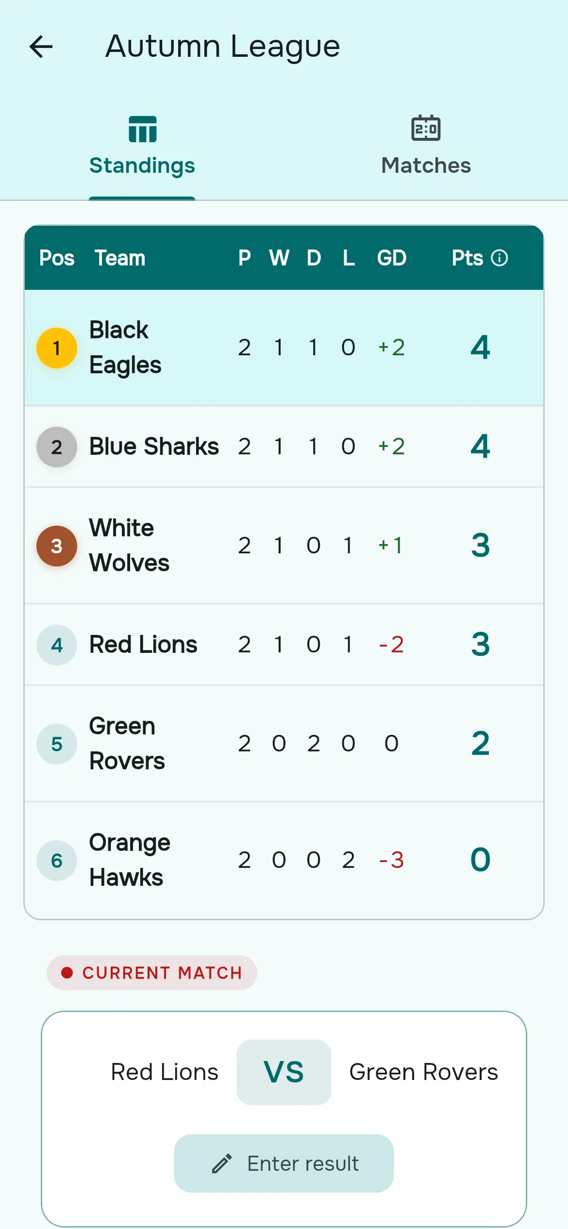 The Standings tab with the league table and the current and next match