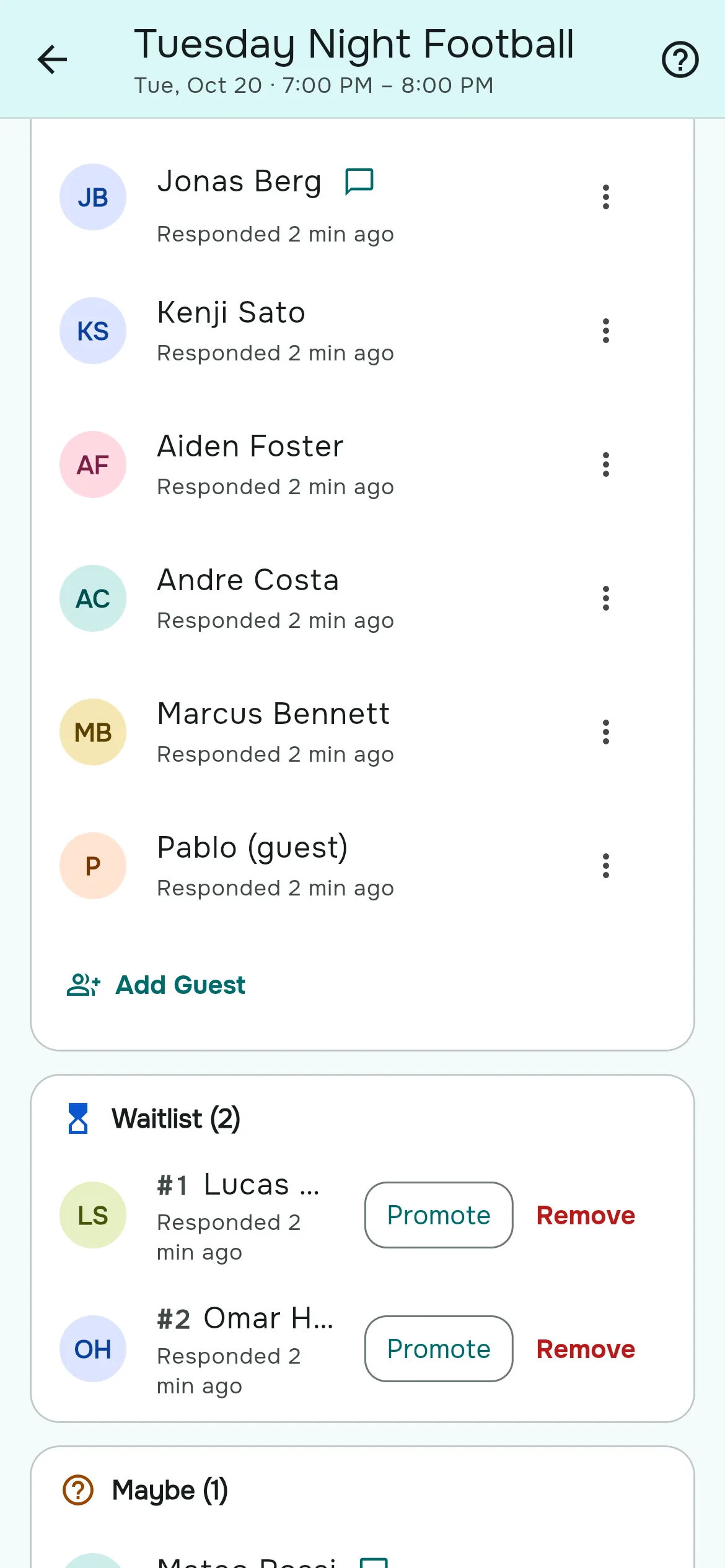 The RSVP page with numbered waitlist rows and Promote buttons