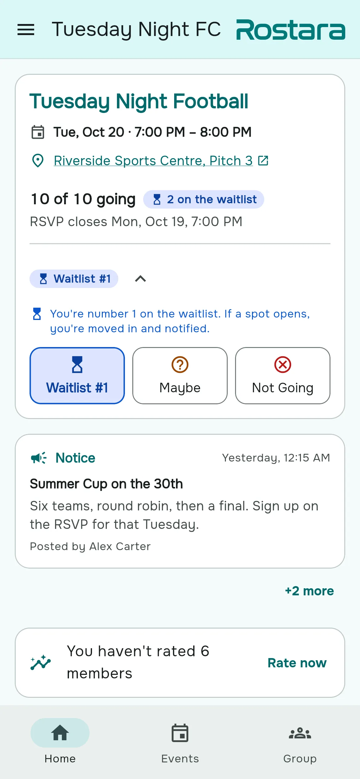 A player's Home card with the Going button reading Waitlist #1