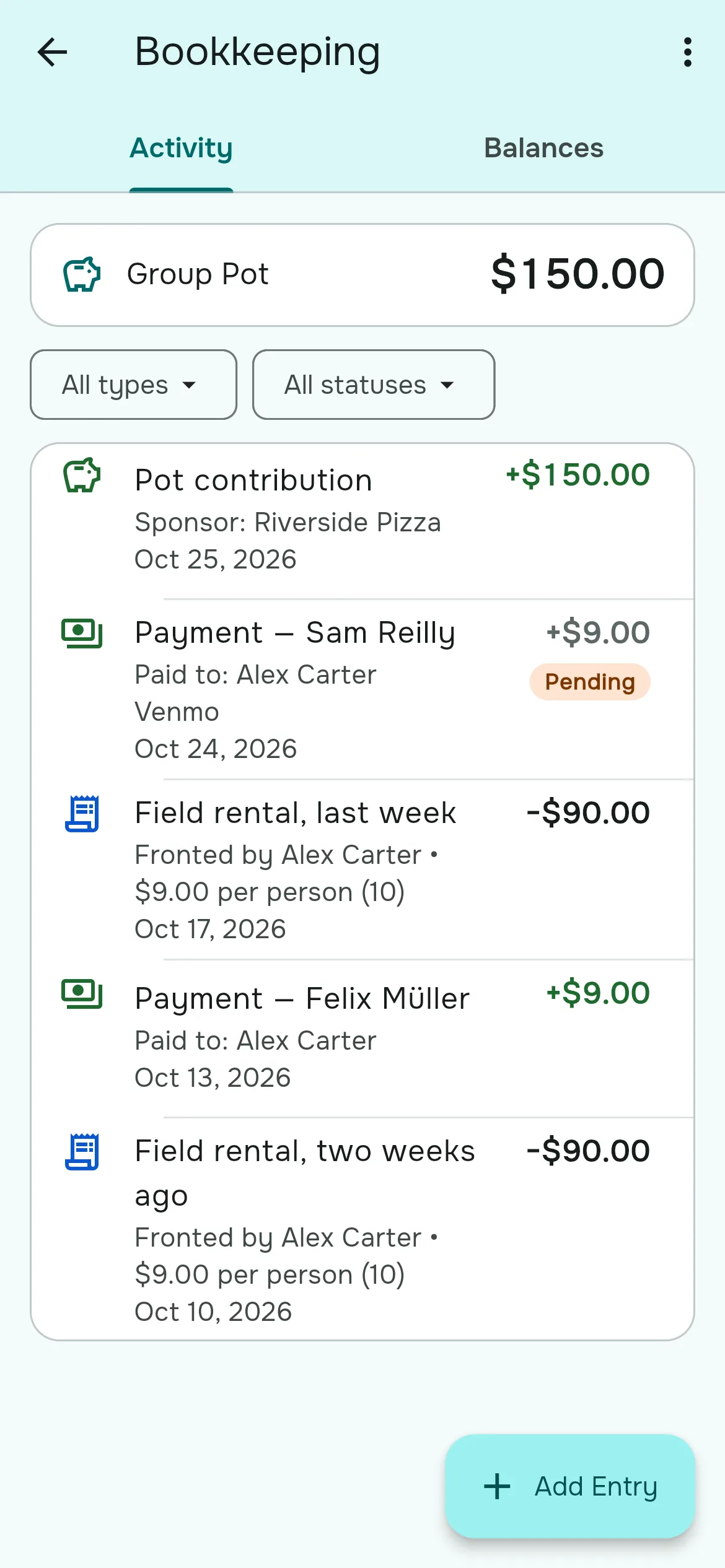 Rostara's bookkeeping screen with a $150 group pot, listing a sponsor's contribution, a pending member payment, two field rentals split among the players and a paid share.