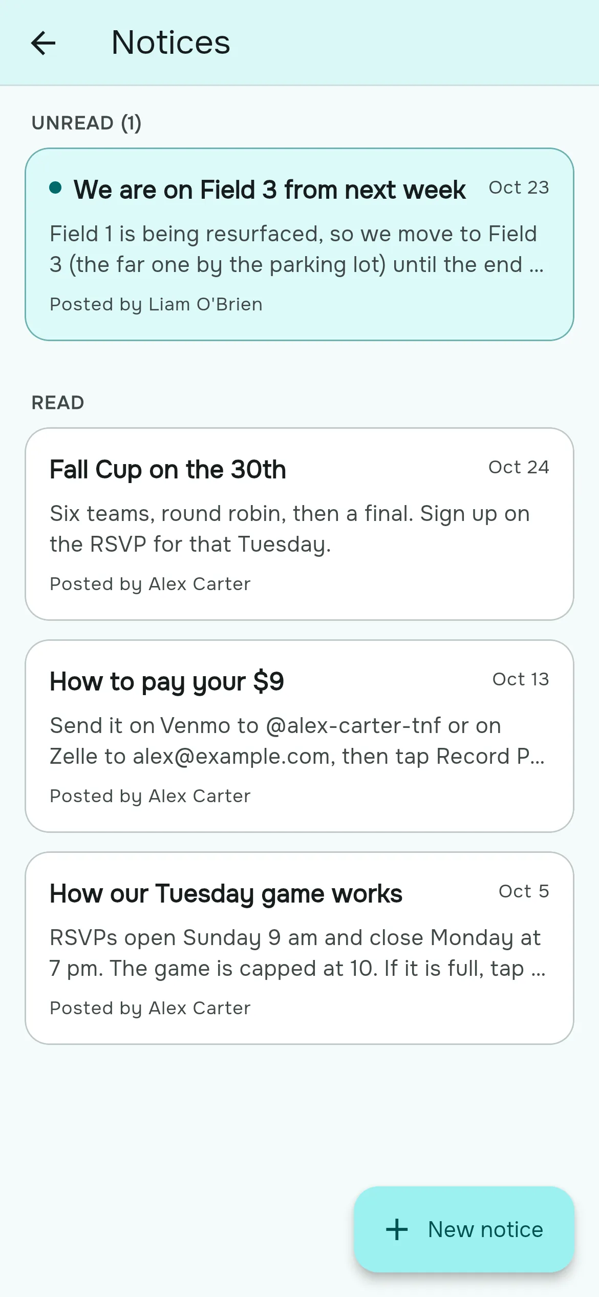 The notices board with one unread announcement about a field move and three read ones about a cup, paying your share and how the weekly game works.