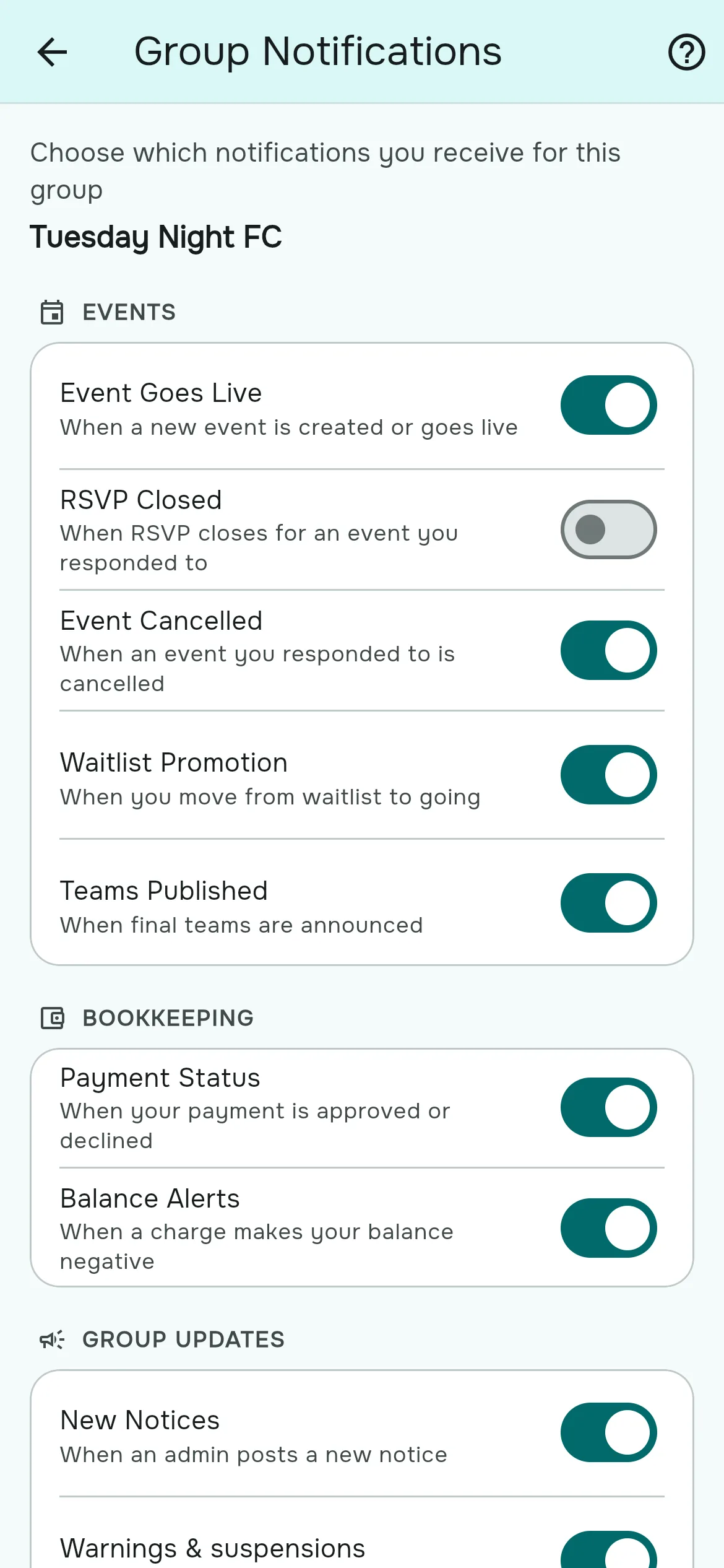 Los ajustes de notificaciones con interruptores individuales para las alertas de partidos, de contabilidad y de novedades del grupo.