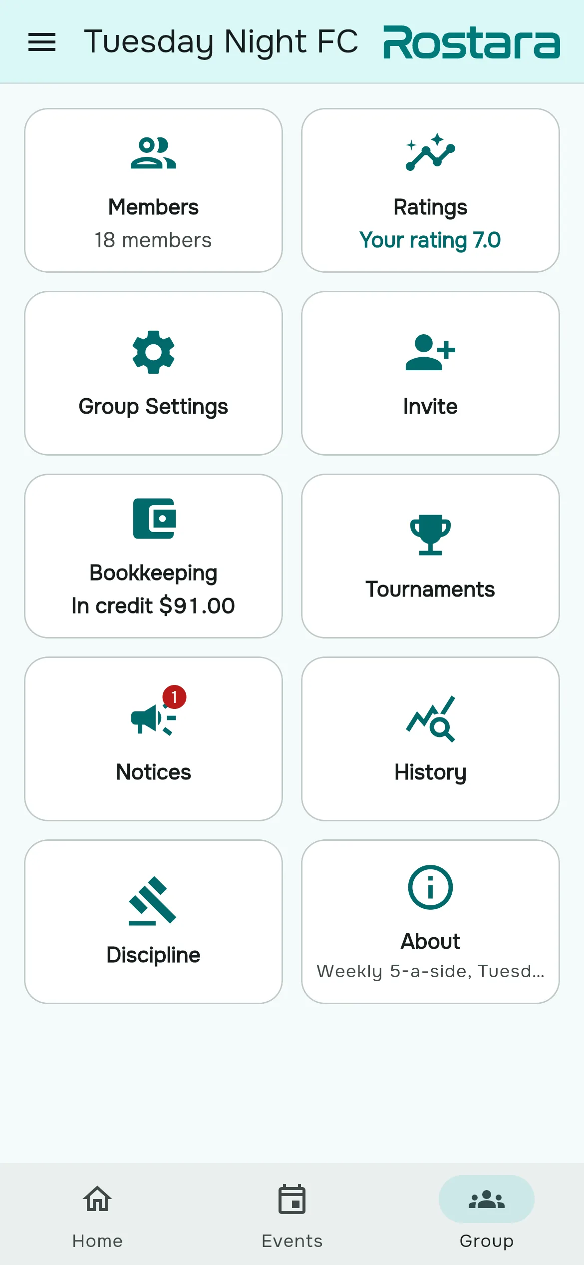 El centro del grupo de Rostara con accesos a miembros, valoraciones, ajustes, invitaciones, contabilidad, torneos, avisos, historial, disciplina e información.
