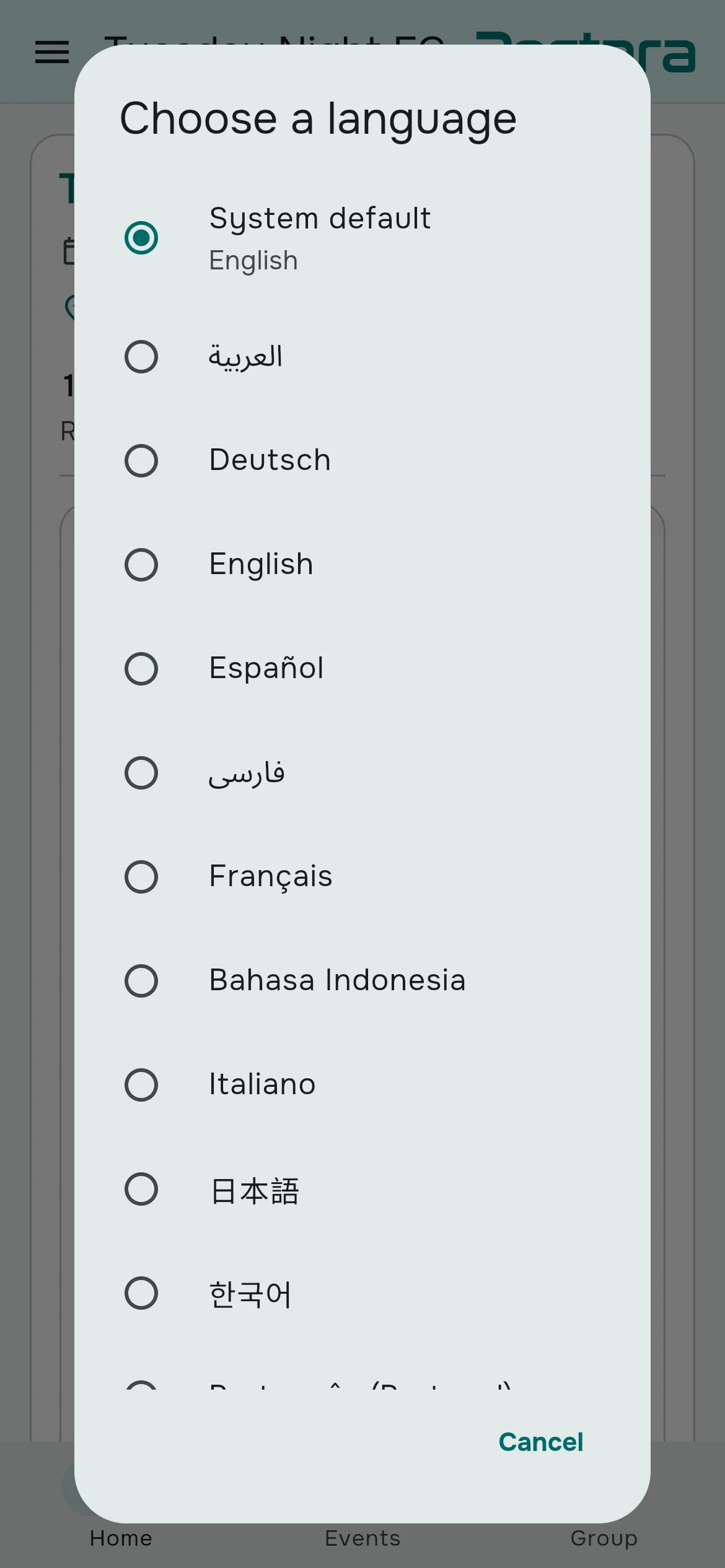 El selector de idioma, configurado para seguir al teléfono, con árabe, alemán, inglés, español, persa, francés, indonesio, italiano, japonés y coreano, y más abajo portugués y turco.