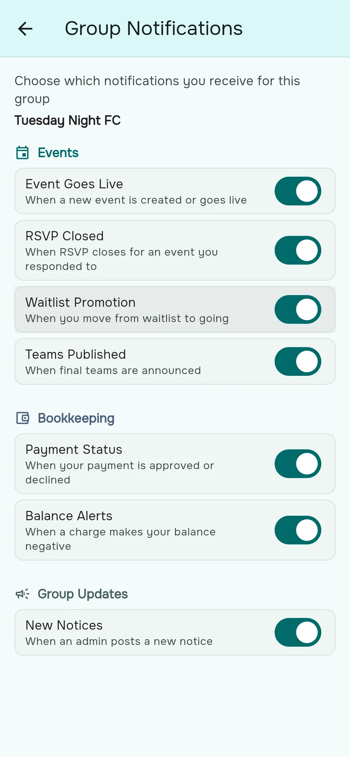 Notification settings with individual switches for event, bookkeeping and group-update alerts.