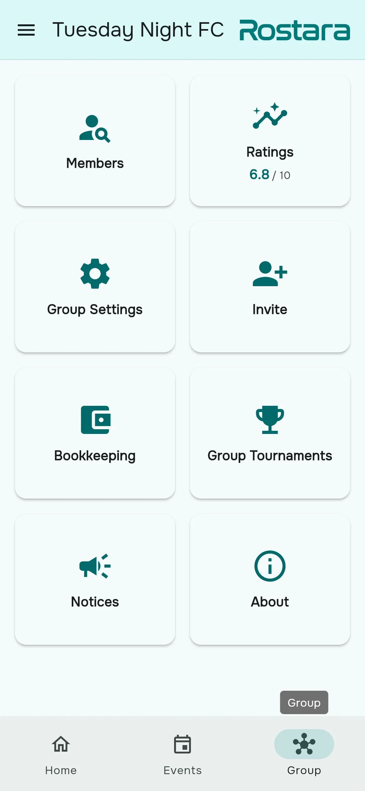 Rostara's group hub with tiles for members, ratings, settings, invites, bookkeeping, tournaments, notices and about.