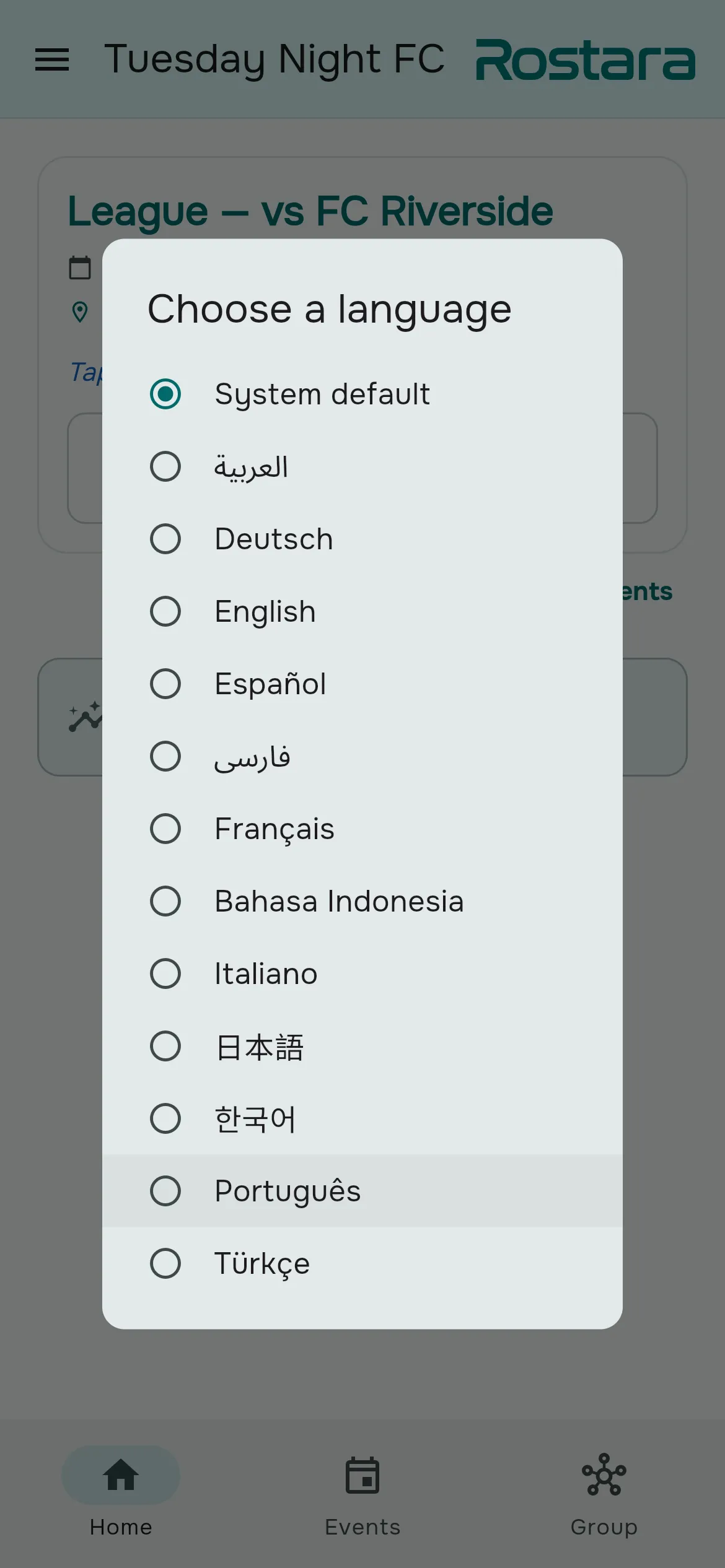 The language picker listing Arabic, German, English, Spanish, Persian, French, Indonesian, Italian, Japanese, Korean, Portuguese and Turkish.