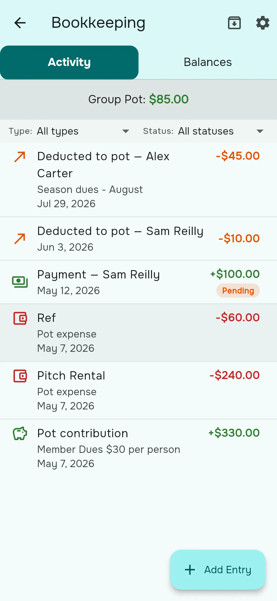 Rostara's bookkeeping screen listing pot contributions, a pitch rental, a ref payment and a pending member payment.
