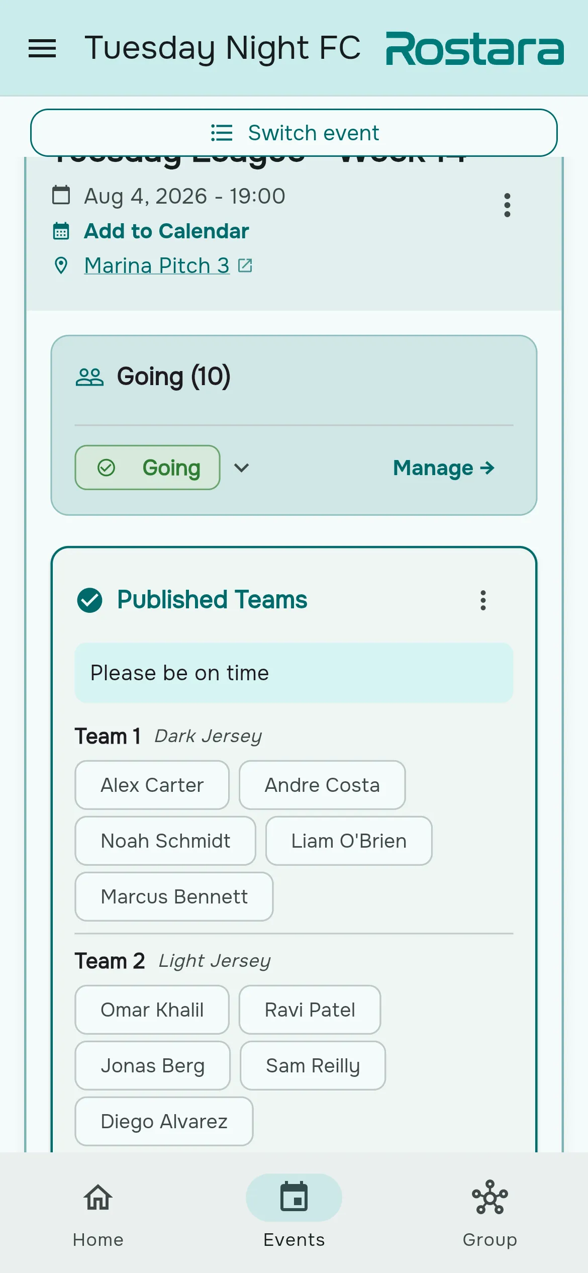 Published teams for a game, split into a dark jersey side and a light jersey side.